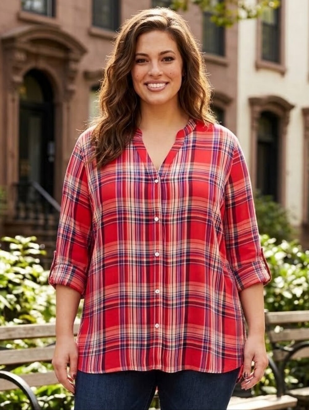 Simply Emma Red Plaid Button-Down Shirt Plus Size 2X